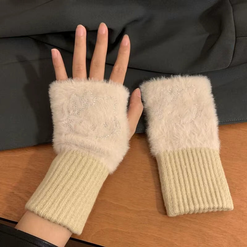 Hello Kitty Half Finger Gloves for Women Fashion Winter Warm Soft Knitting Gloves Casual Cartoon Fingerless Mitten Gifts