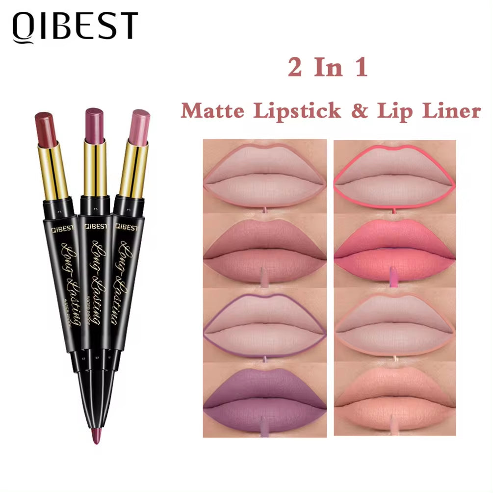 2 in 1 Matte Lipstick Lip Liner Nude Lipliner Makeup Waterproof Lipstick Pen Long Lasting Lip Pencil Makeup Lips Cosmetic